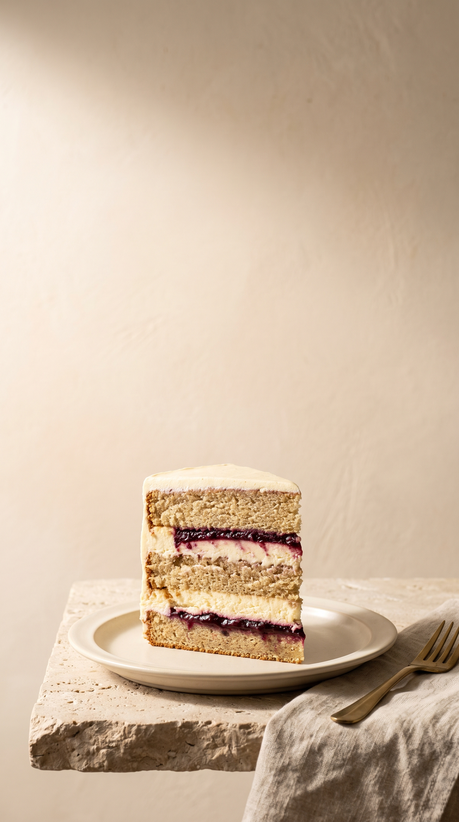 A slice of layered cake on a small plate