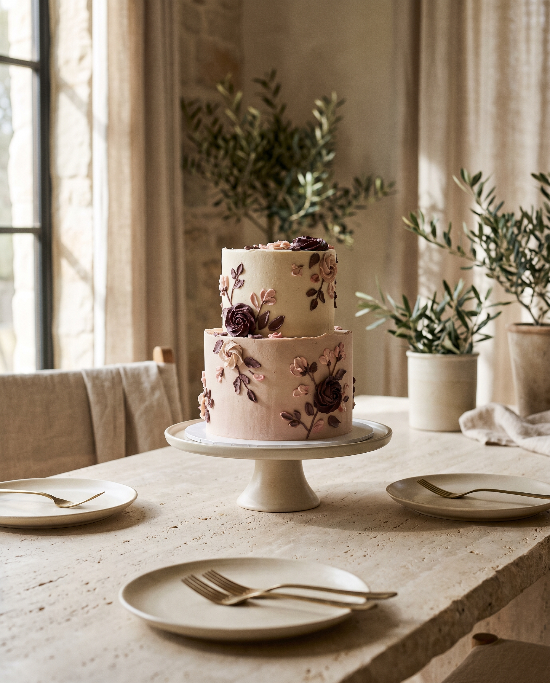 A two tier buttercream celebration cake on a set table