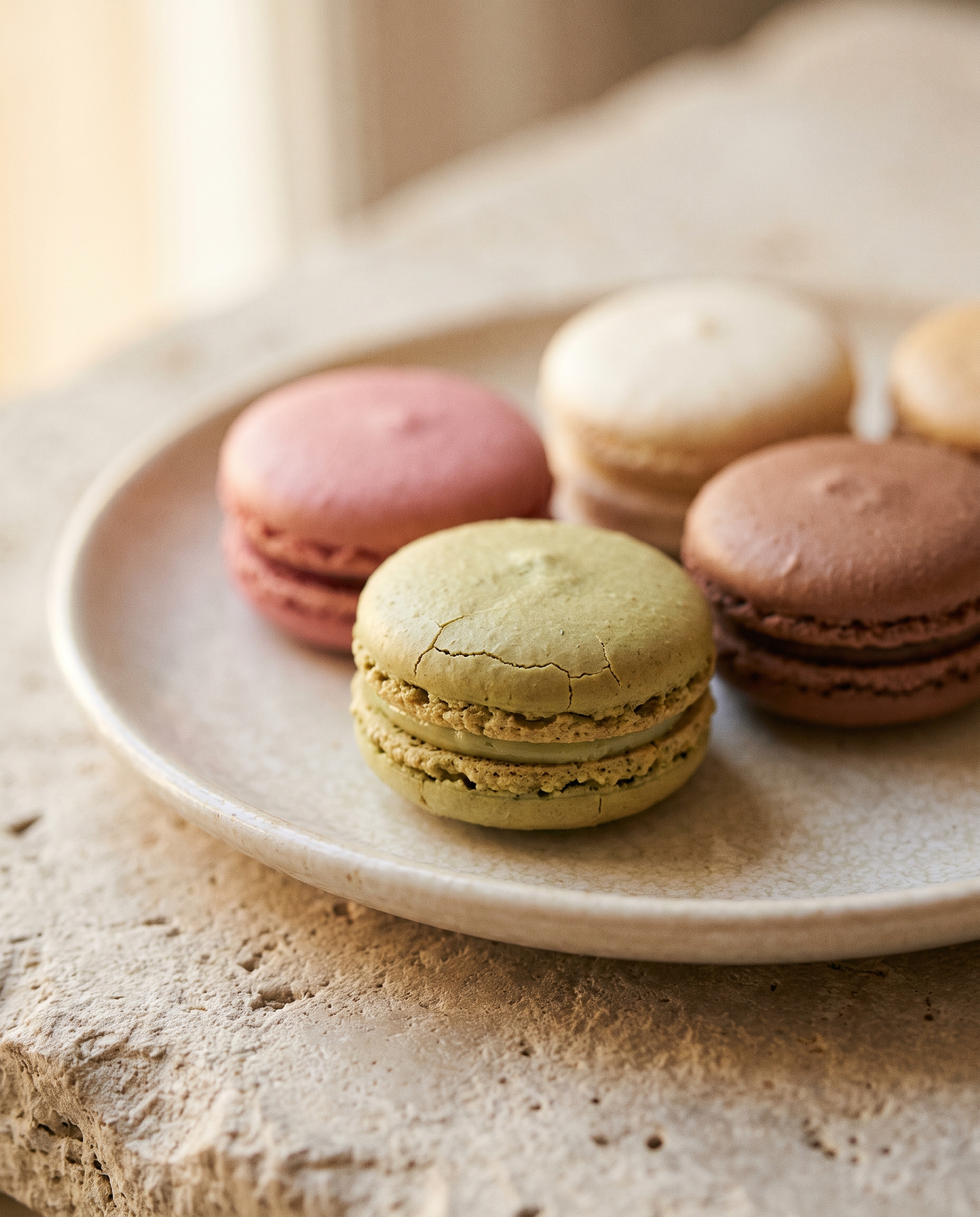 Macarons on a pale ceramic plate