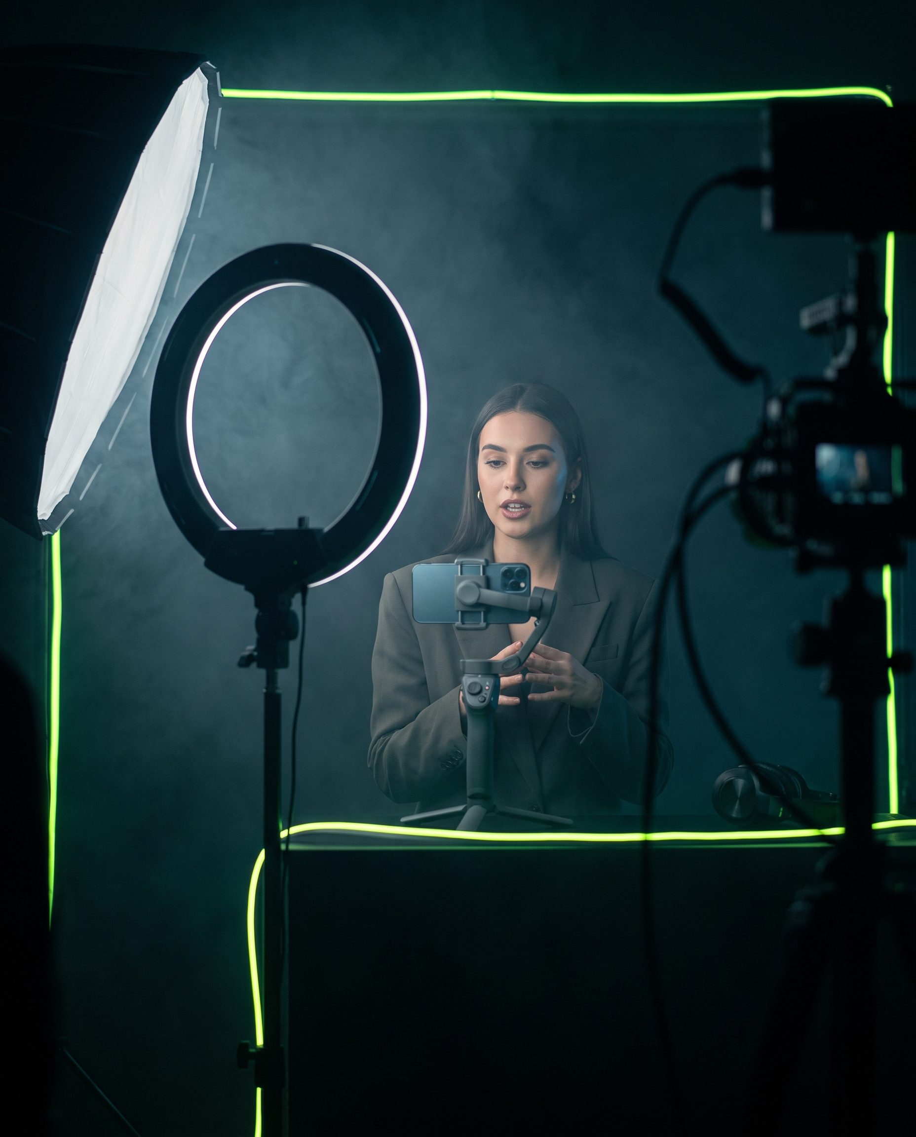 A content creator filming a short-form video on a moody studio set