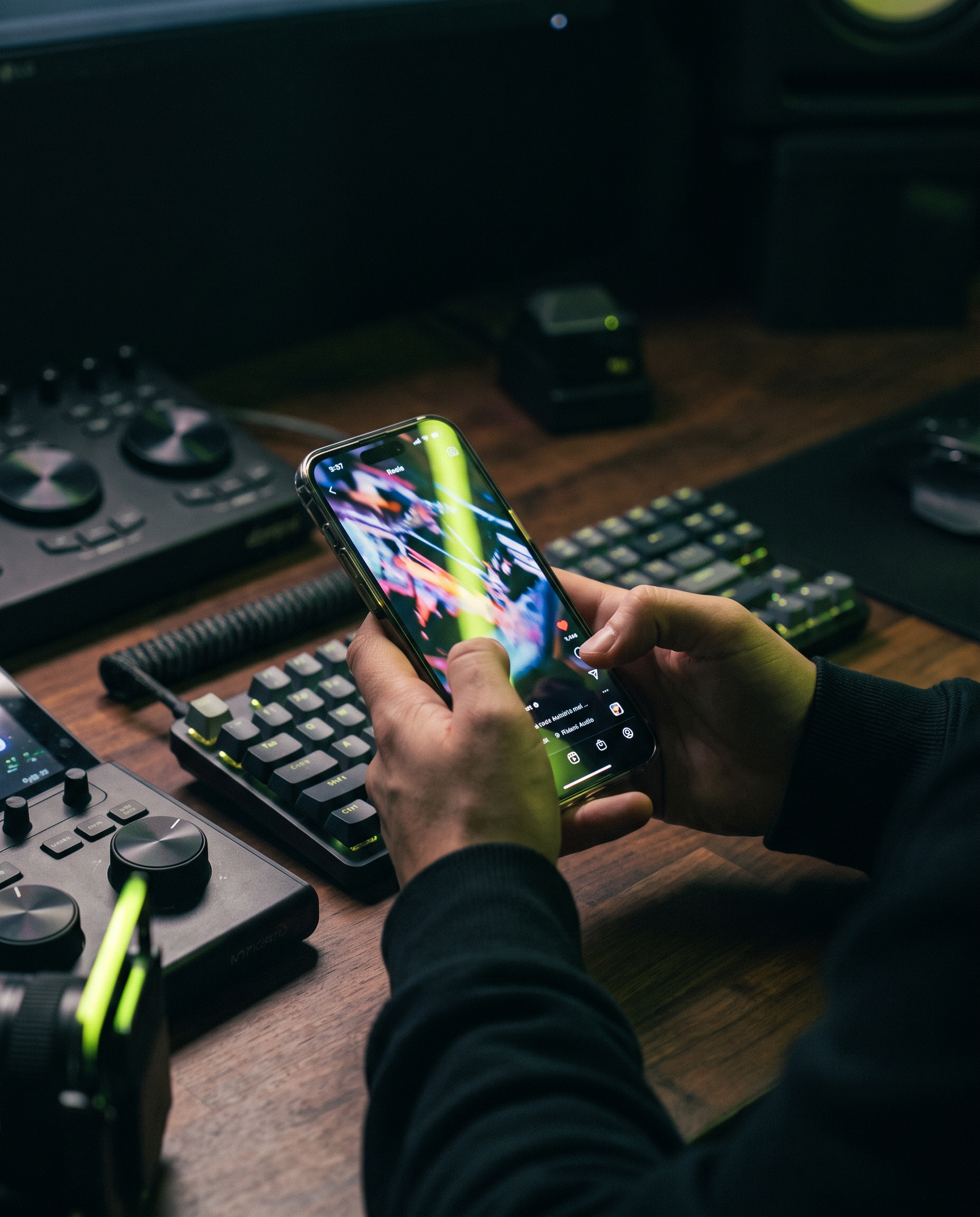 Hands editing a social media reel on a smartphone