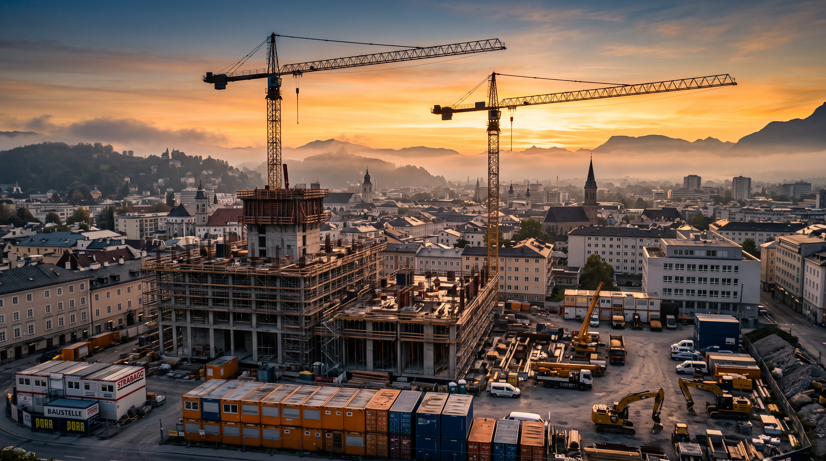 Urbane Baustelle mit zwei Kränen im Morgenlicht