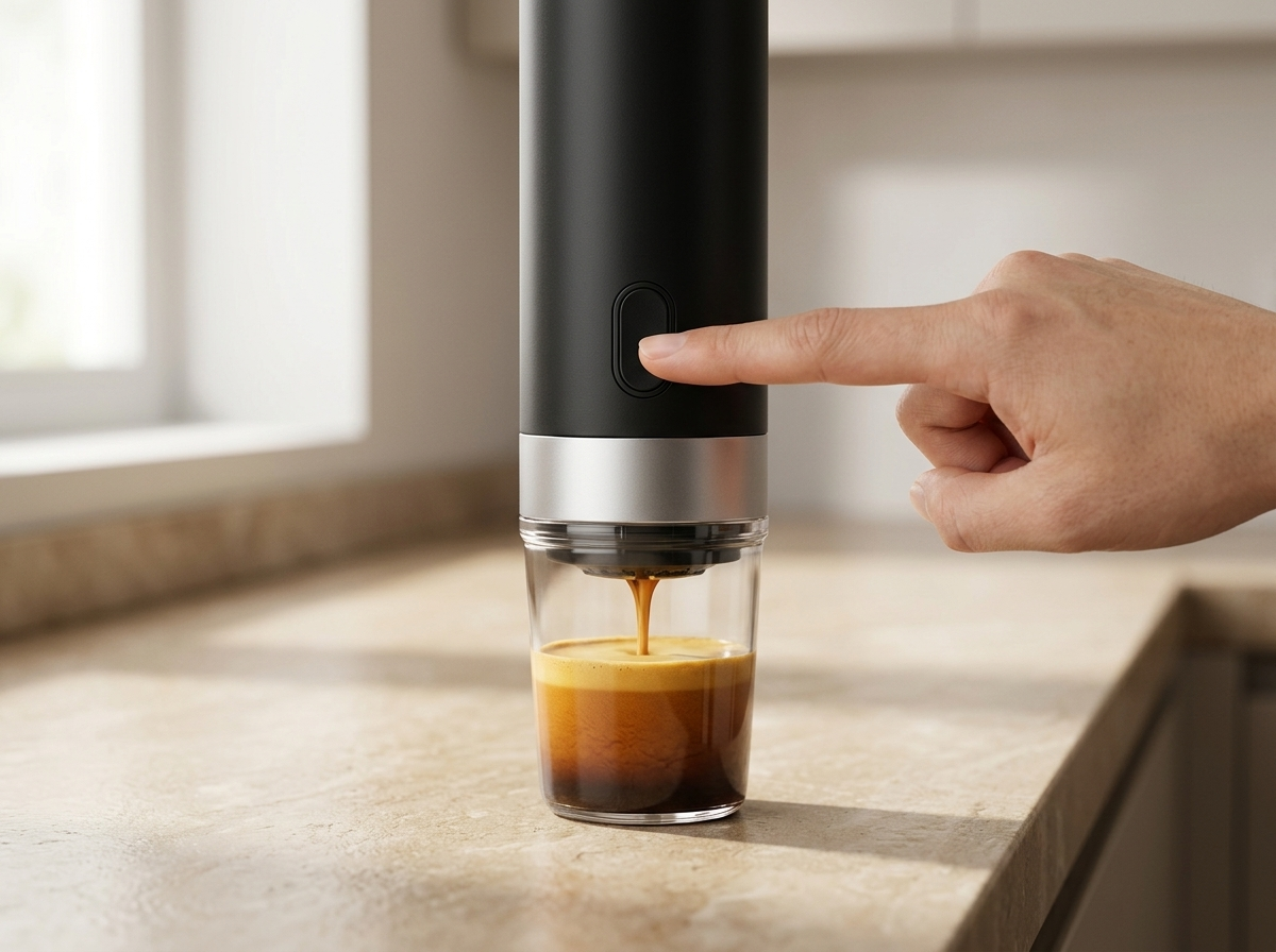 Pressing the button to brew espresso