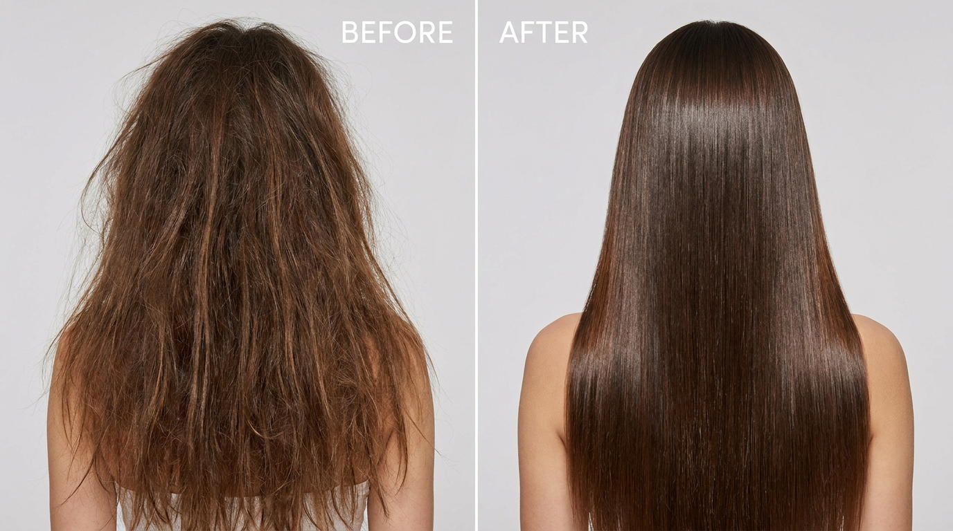 Before and after: frizzy hair to smooth straight hair