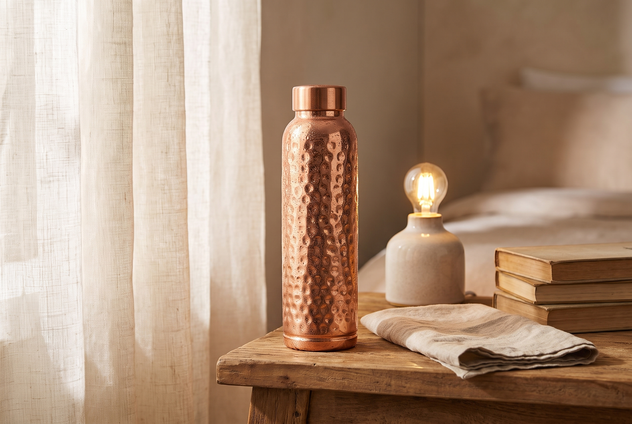 Namastey hammered copper water bottle filled and resting on a bedside table overnight