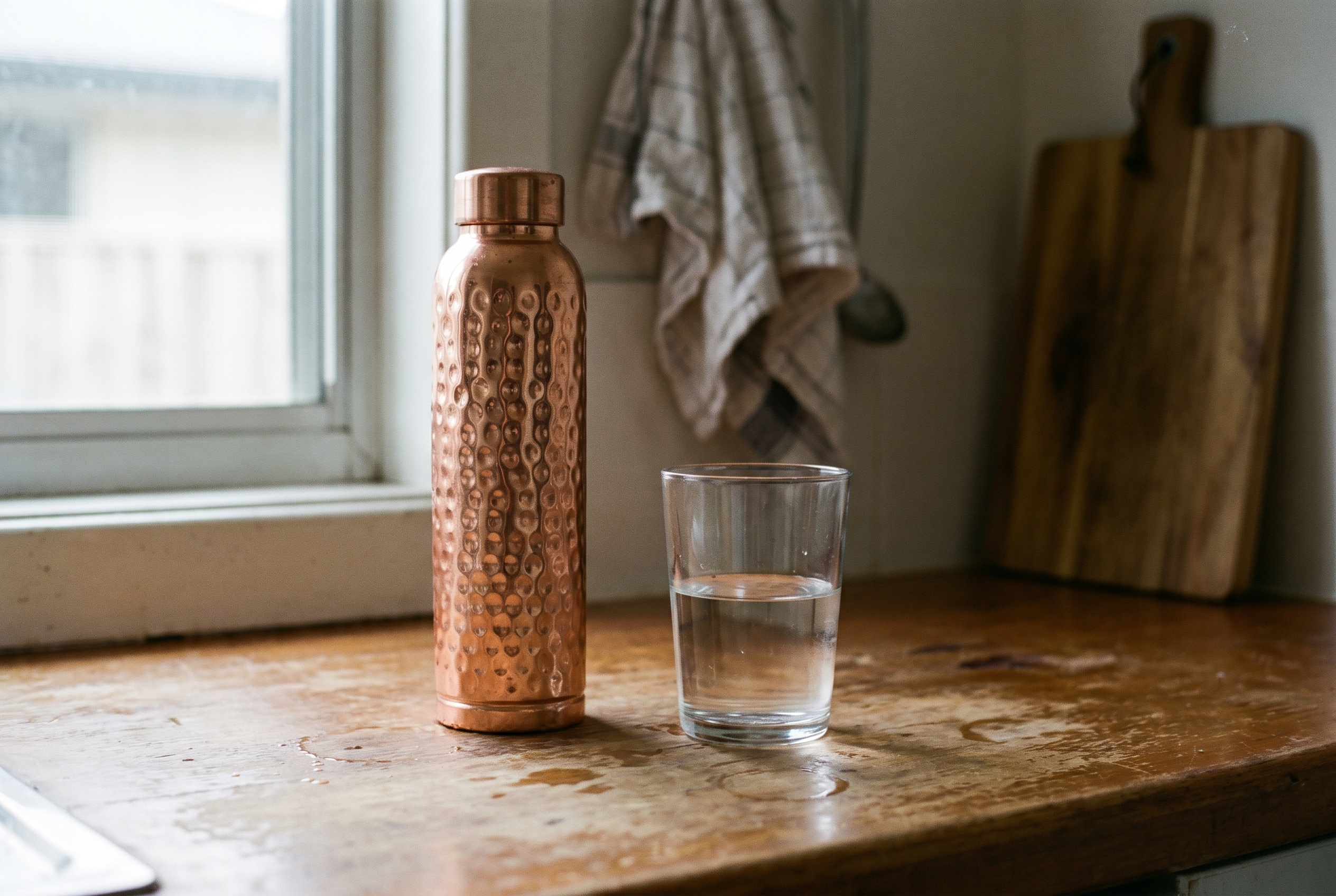 A hammered copper water bottle beside a glass of water on a kitchen bench