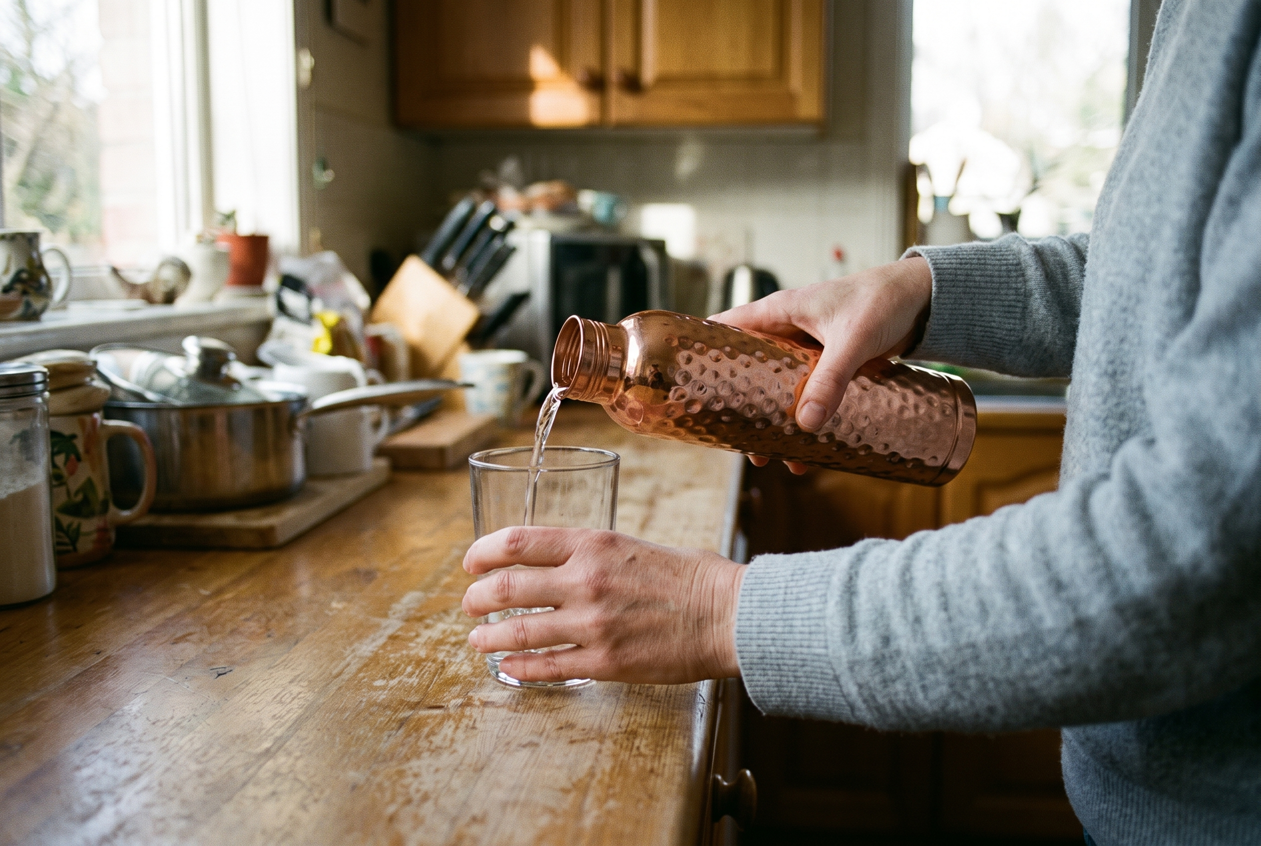 Pouring water from a hammered copper bottle into a clear glass