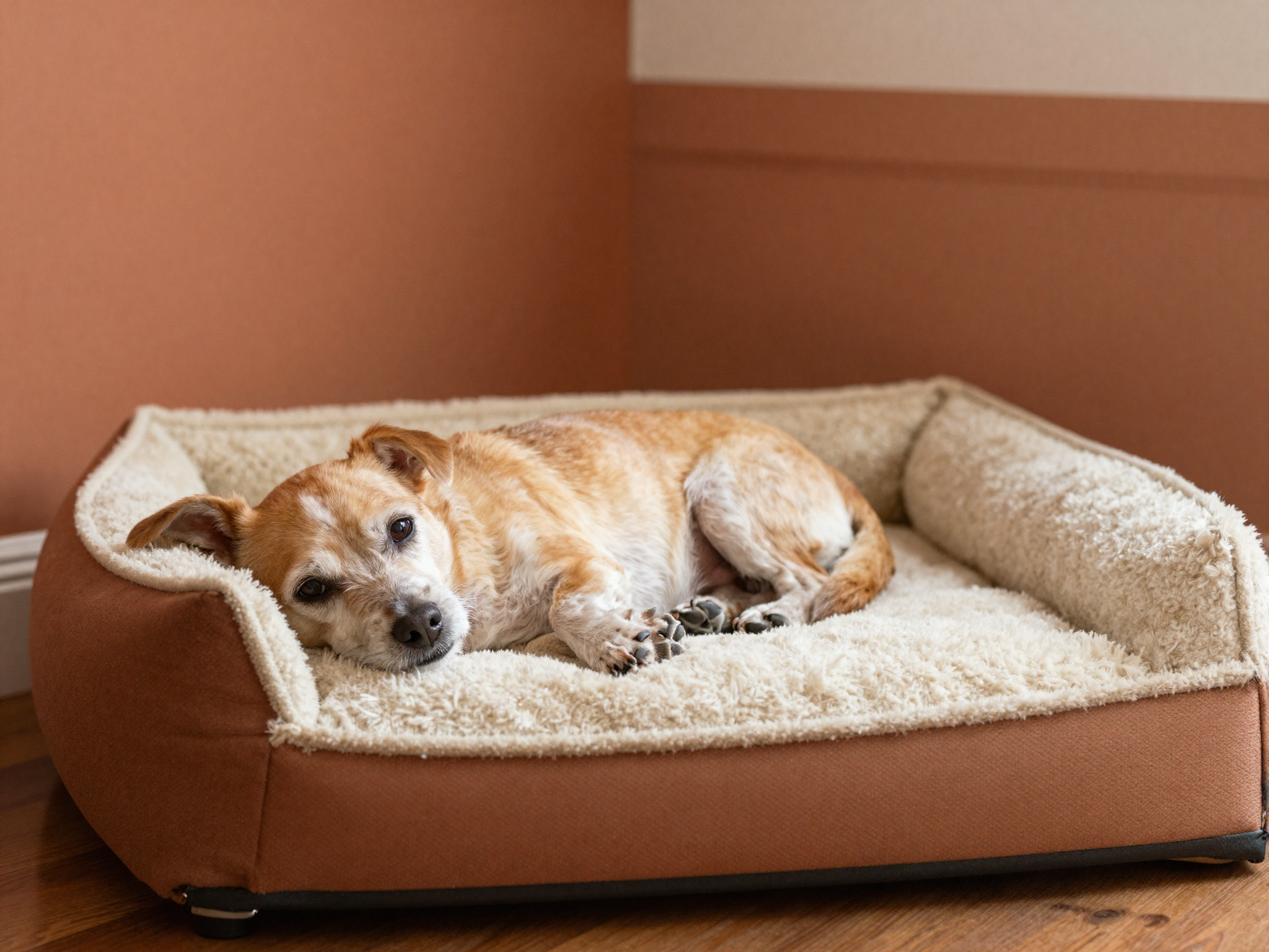 Perro mayor descansando en una cama ortopédica