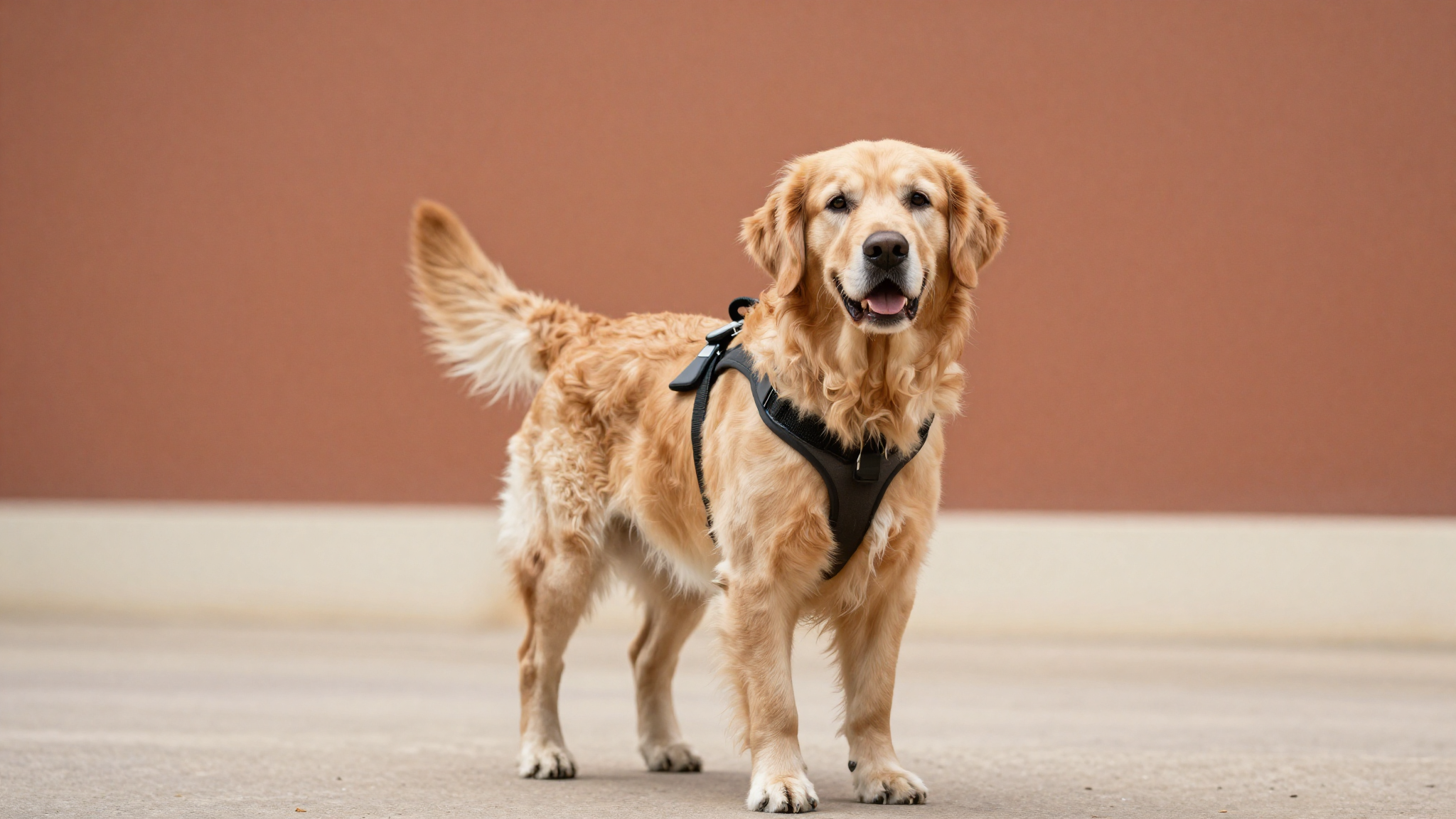 Perro mayor paseando con arnés de apoyo