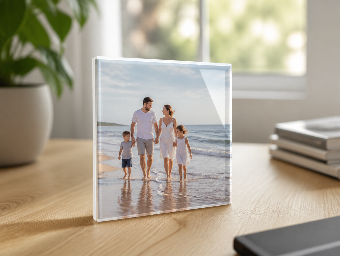 Mini quadro de acrílico Momento sobre uma mesa de escritório