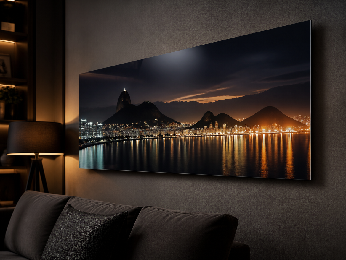 Quadro de acrílico cristal impresso em UV, montado na parede de uma sala