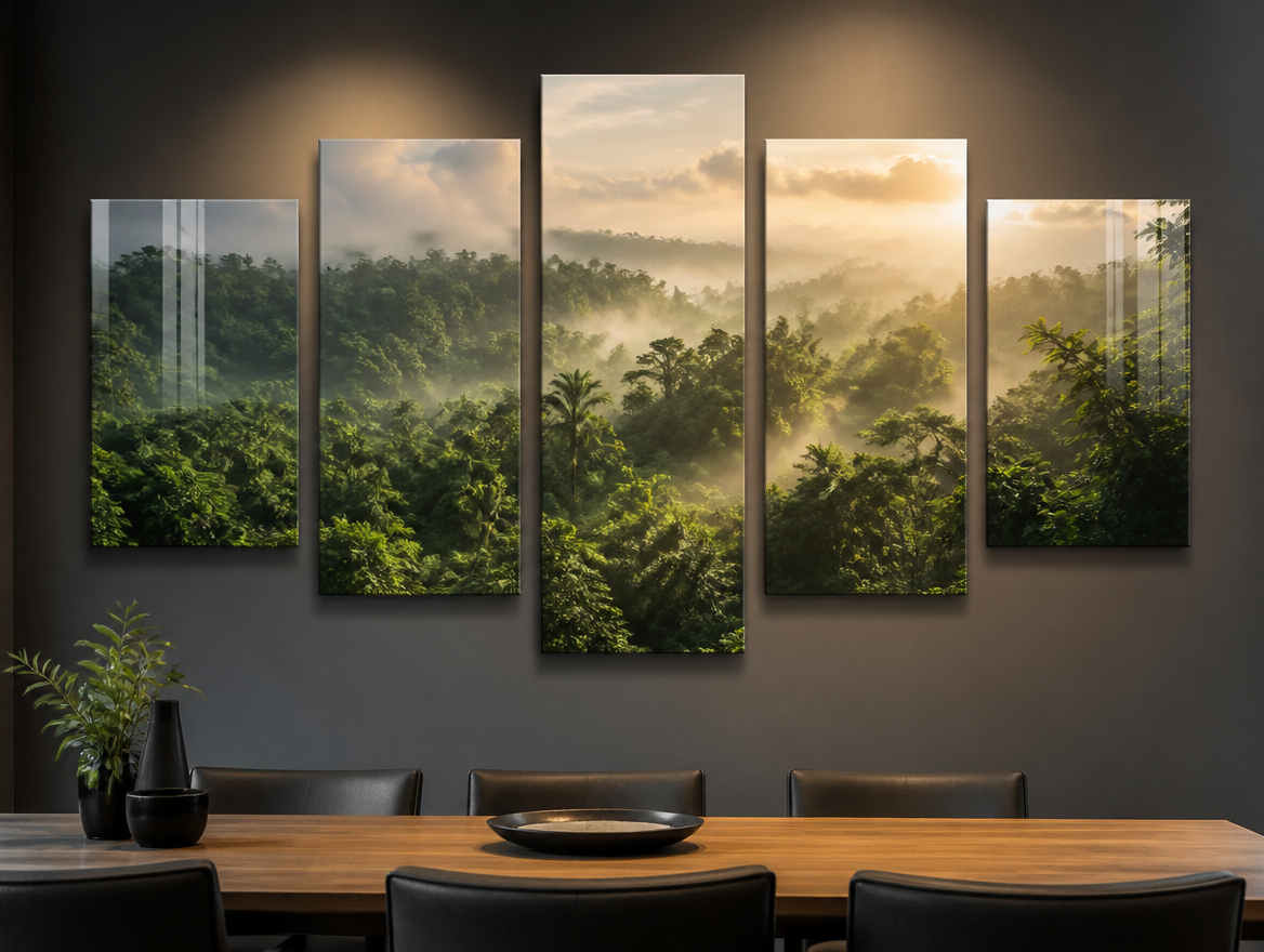 Quadro mosaico de acrílico com cinco peças escalonadas na parede