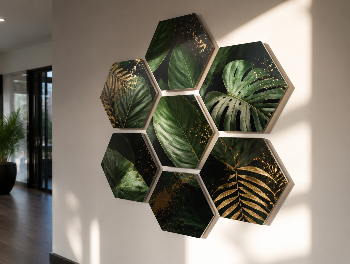 Quadro mosaico colmeia de acrílico com peças hexagonais na parede