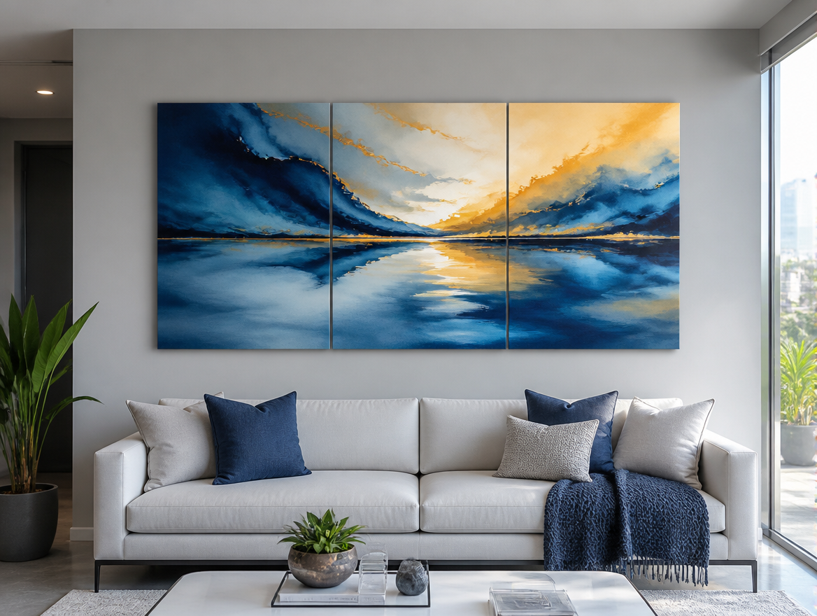 Quadro grande de acrílico dividido em três peças iguais e encostadas, formando uma imagem contínua sobre o sofá