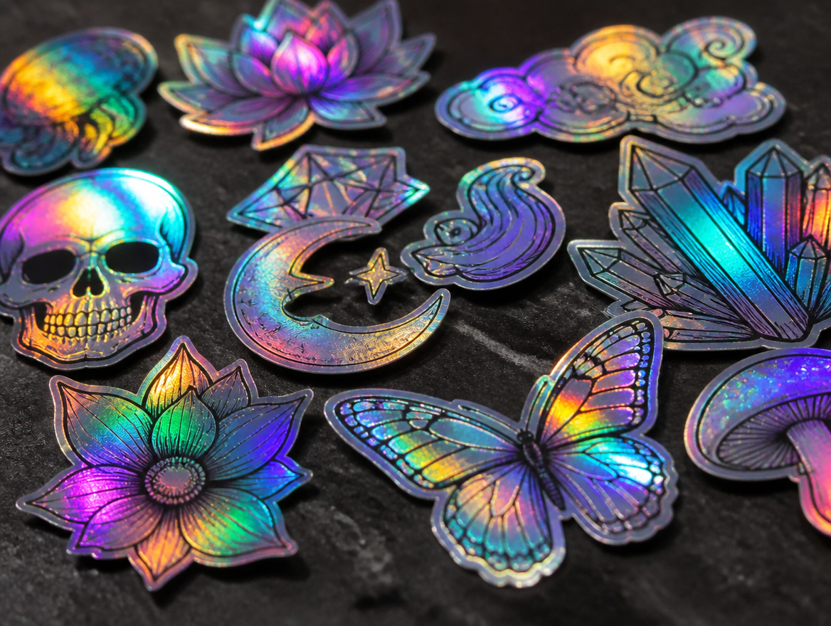 Stickers holográficos com corte total, cada peça solta no contorno exato da arte