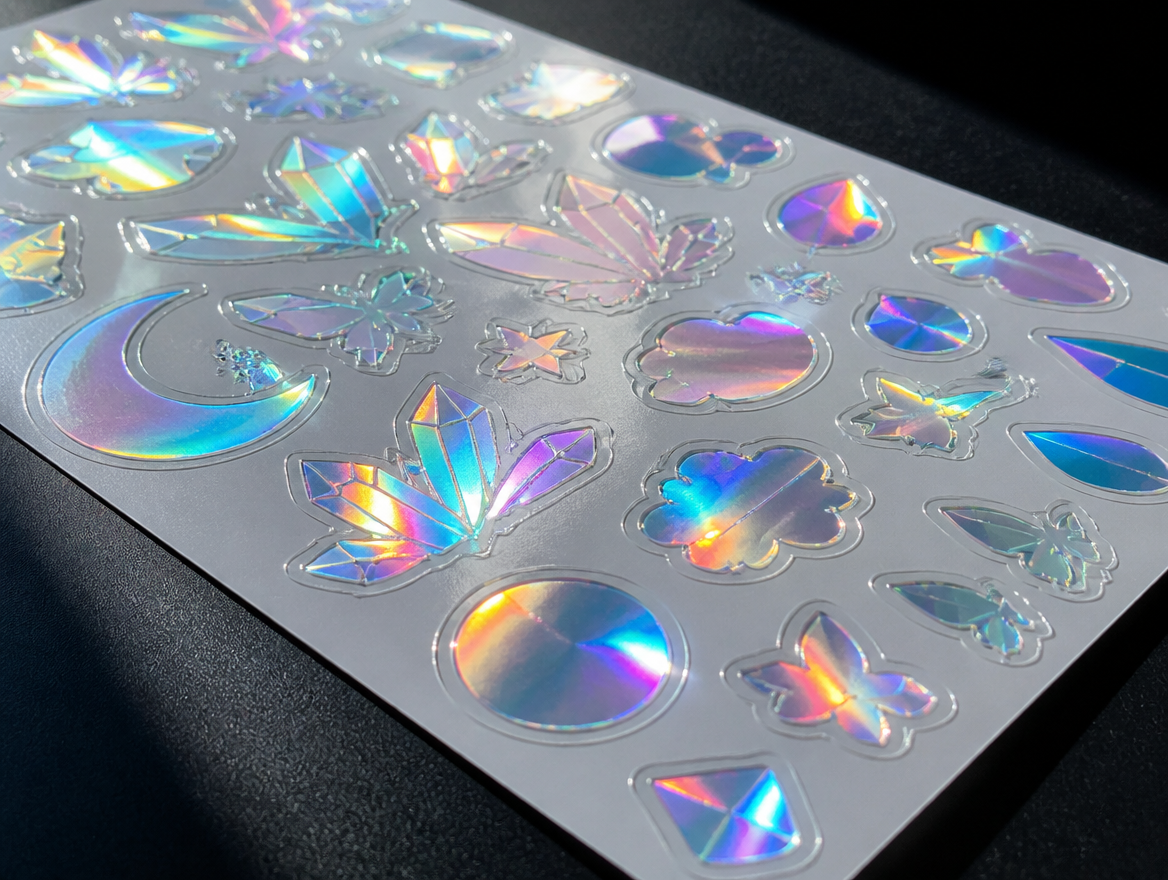 Cartela de stickers holográficos com corte contorno, refletindo arco-íris sob luz rasante