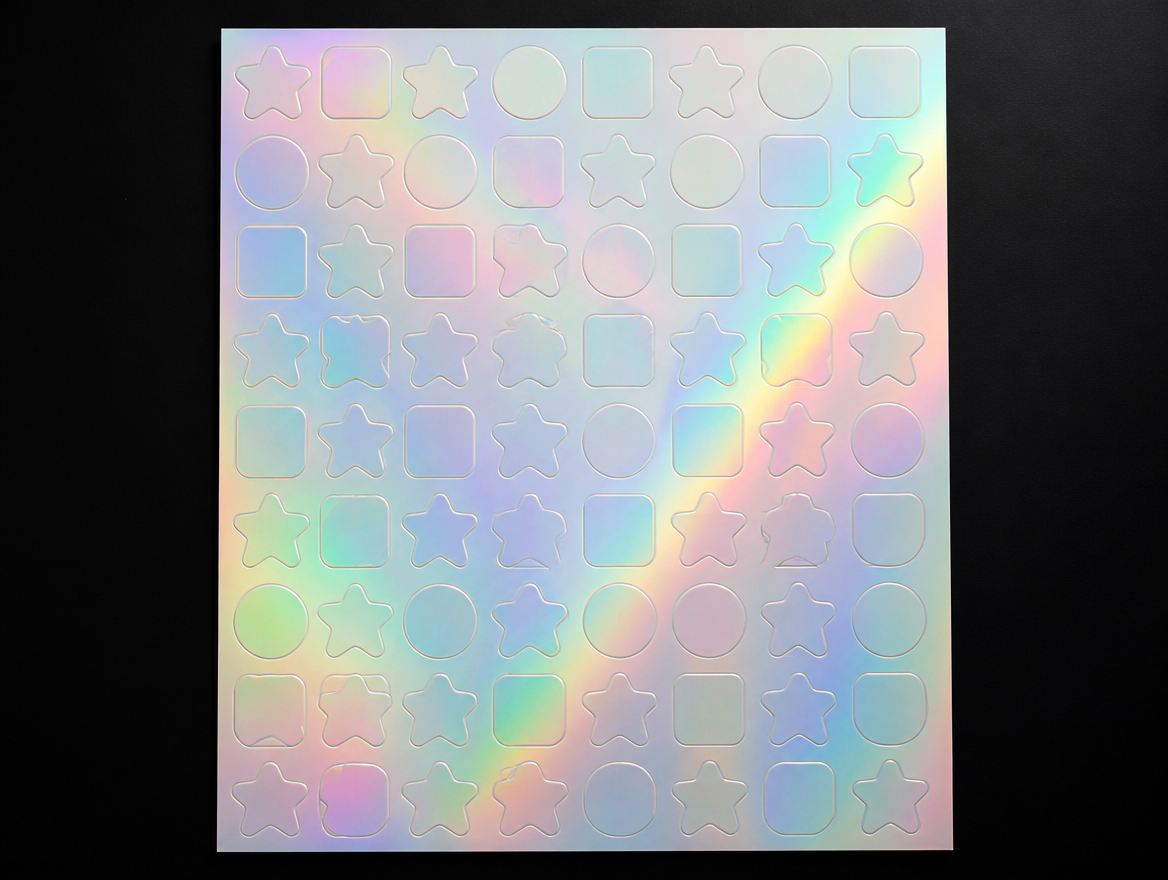 Cartela A4 de stickers holográficos em meio corte, com os adesivos ainda presos ao papel de trás