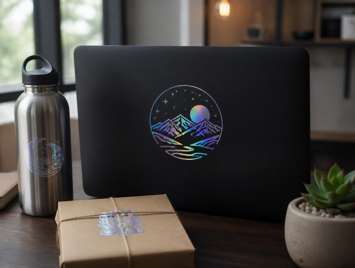 Stickers holográficos aplicados em notebook, garrafa térmica e caixa de papel kraft