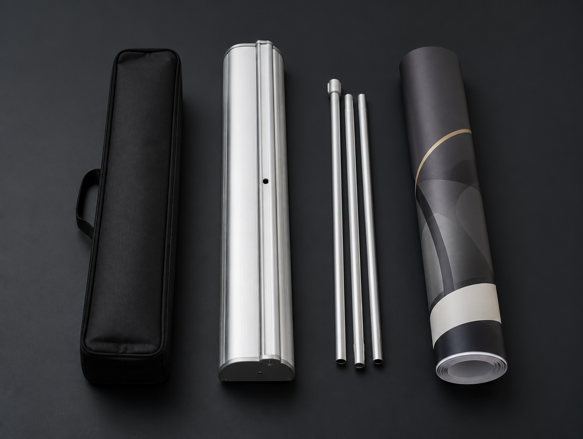 Kit completo do roll-up: bolsa de transporte, base de alumínio, haste em três seções e lona enrolada