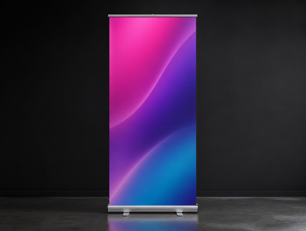 Porta banner roll-up de 84 por 200 cm montado de frente, mostrando a proporção da peça em pé