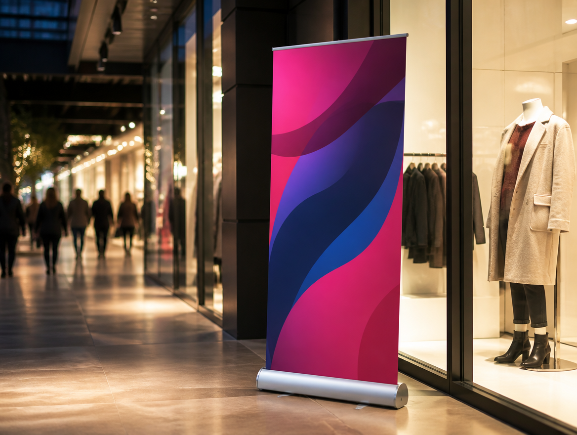 Roll-up ao lado da vitrine de uma loja, divulgando uma promoção
