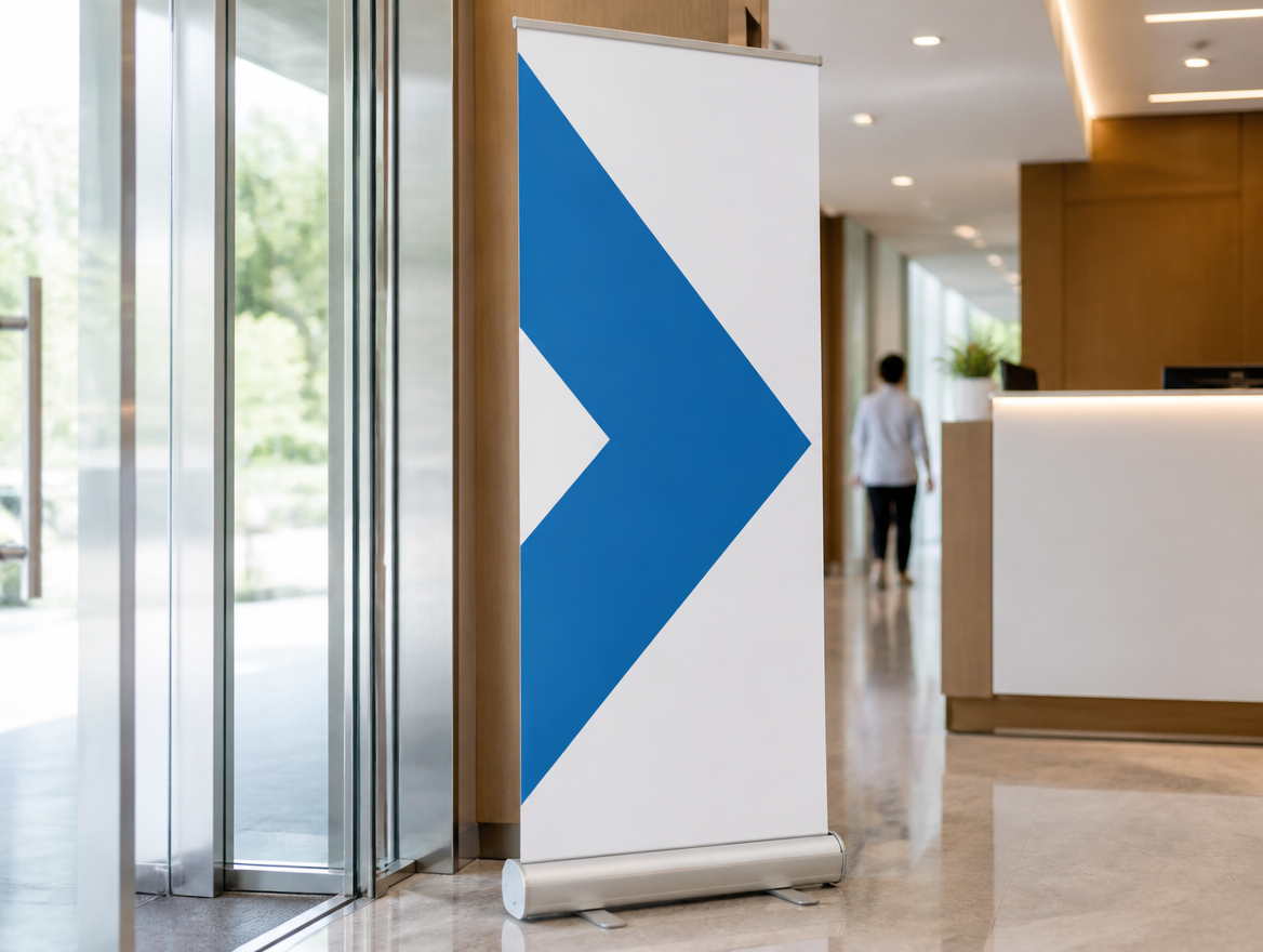 Roll-up com seta usado para orientação no hall de recepção de um prédio