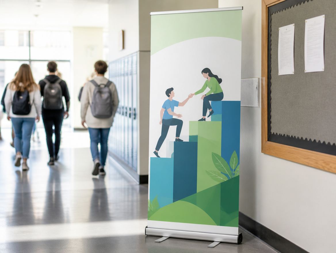 Roll-up em corredor de escola com campanha educativa e alunos ao fundo
