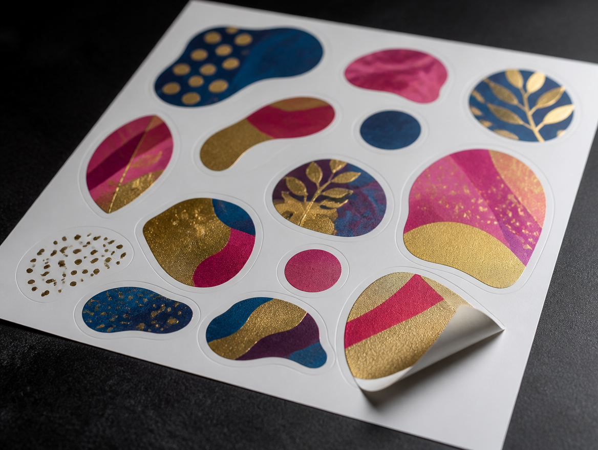 Cartela de adesivos em vinil com corte contorno seguindo o desenho de cada arte