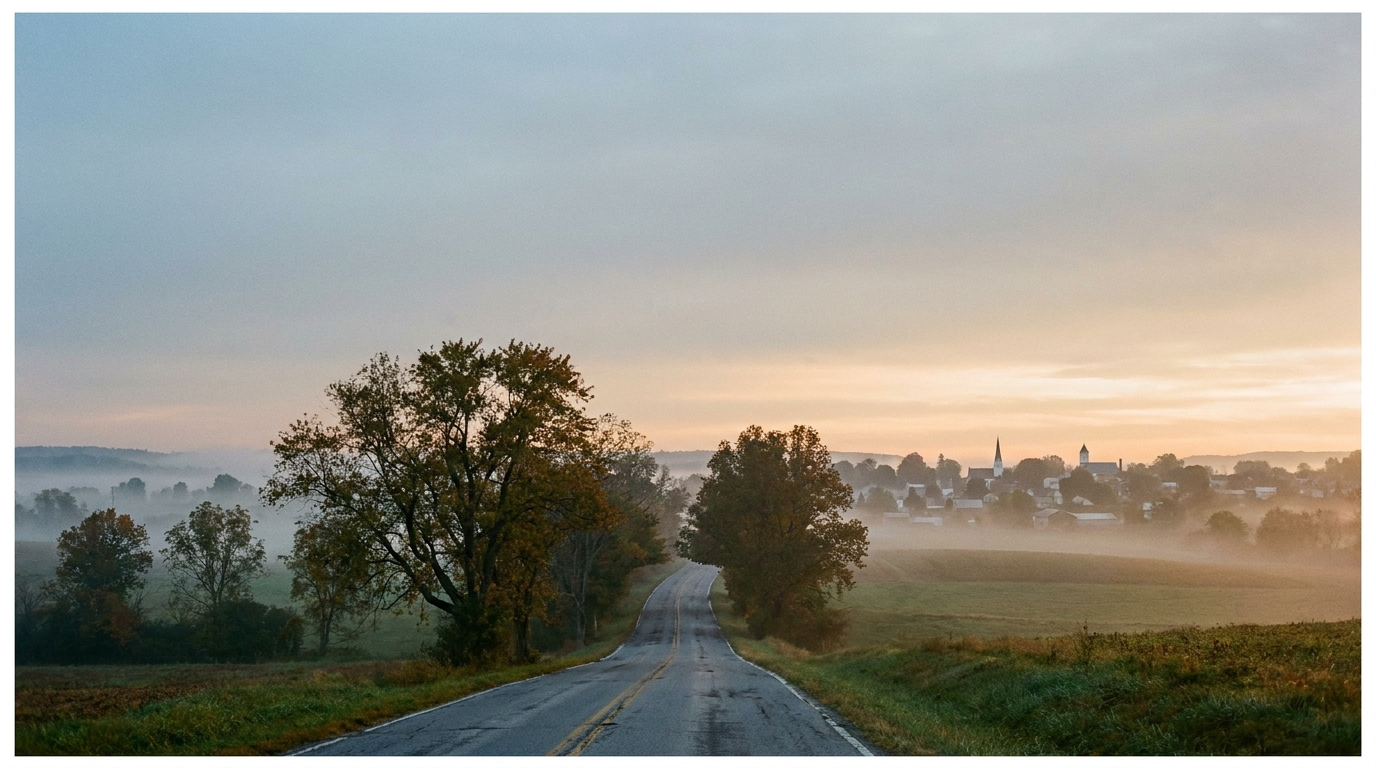 Dawn over the road into town