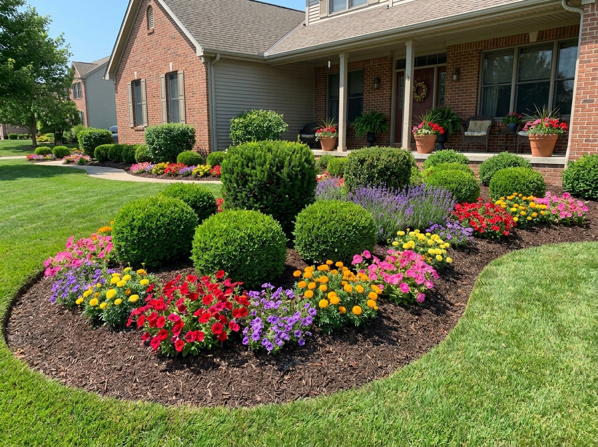 Neatly trimmed garden shrubs with blooming flowers