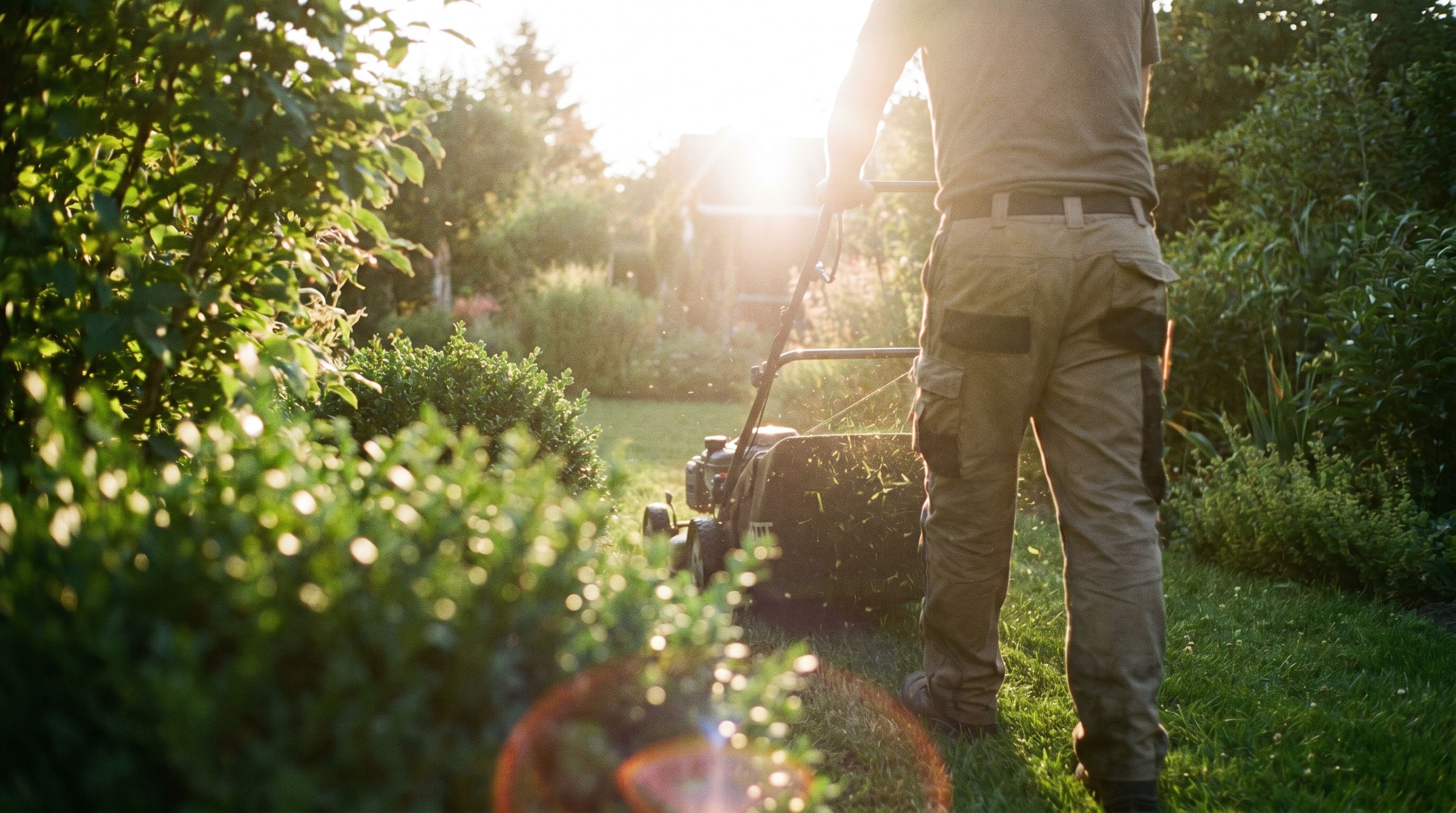 Landscaper mowing a lush backyard lawn with natural sun flare