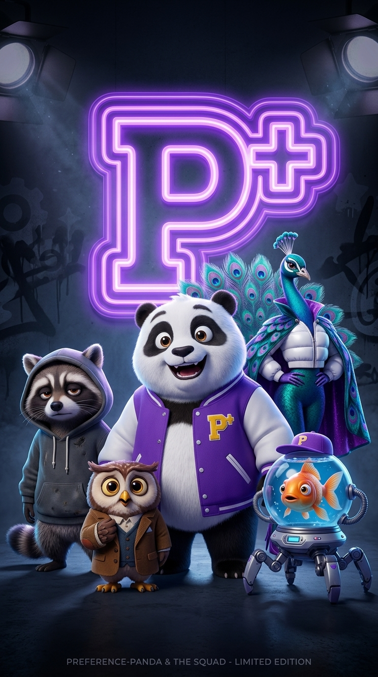 The Preference+ squad — Riff, Lurk, Preference Panda, Splash, and Vera