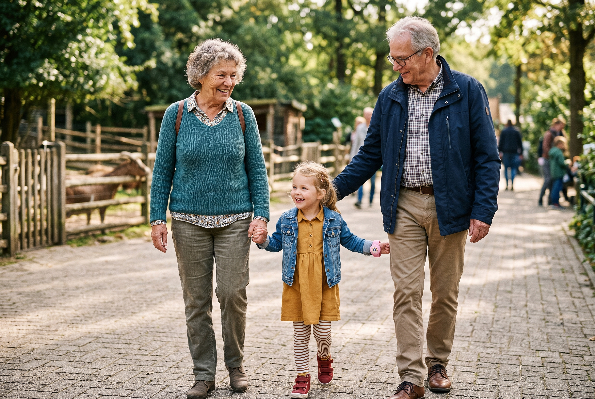 Oma en opa op een dagje uit met kleinkind dat het KidSpot-bandje draagt
