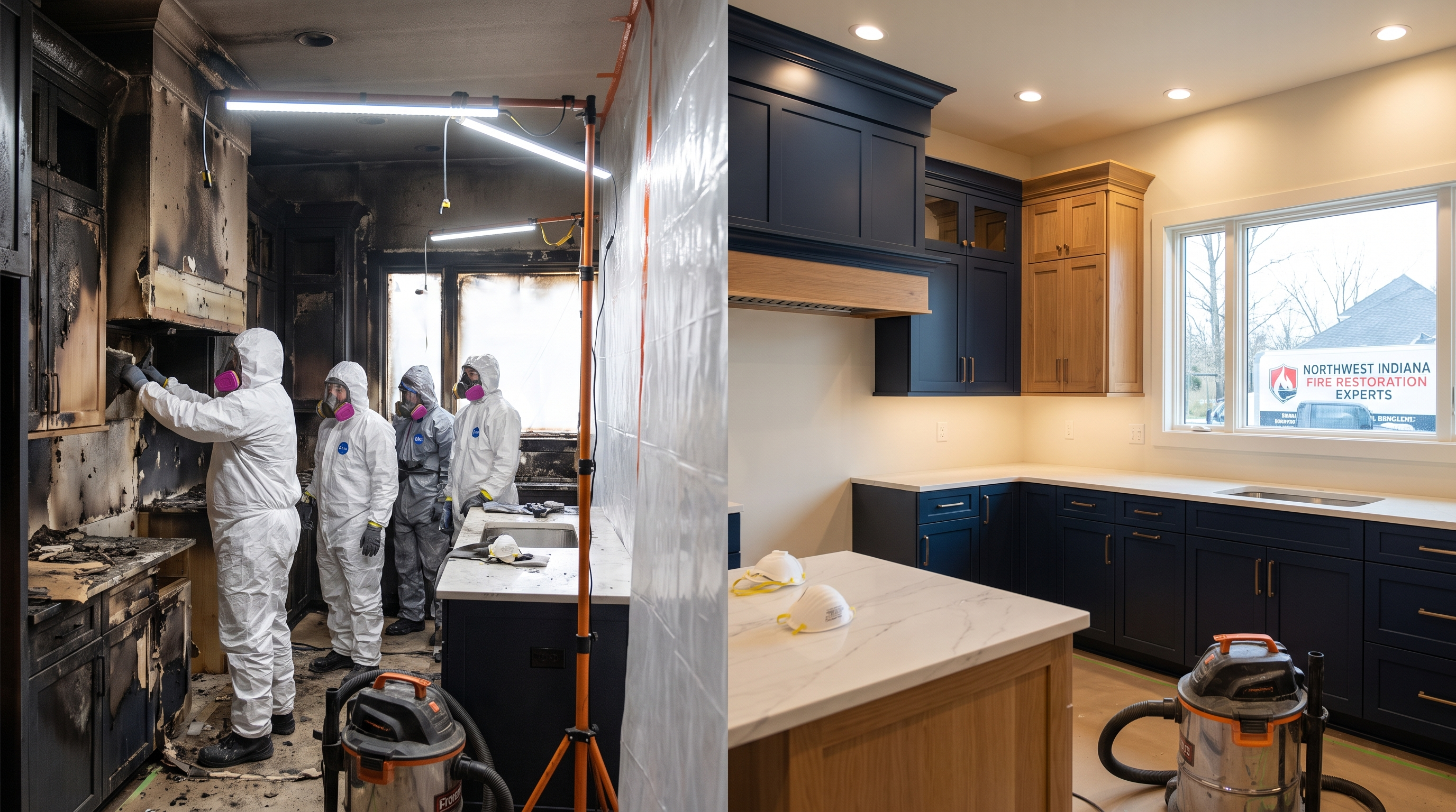Fire damage restoration in progress luxury home NWI