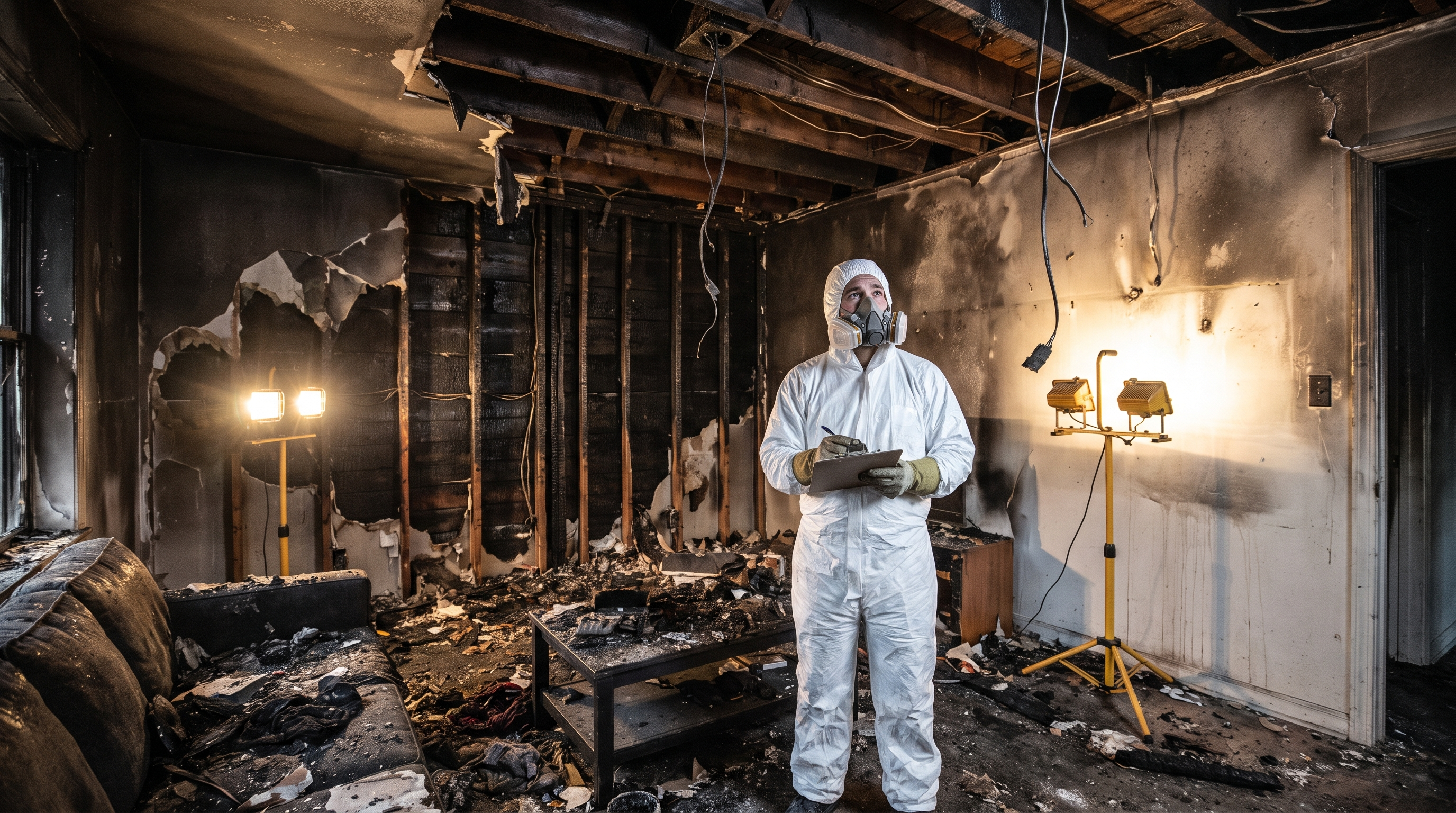 Charred fire damaged room with restoration contractor assessing damage NWI