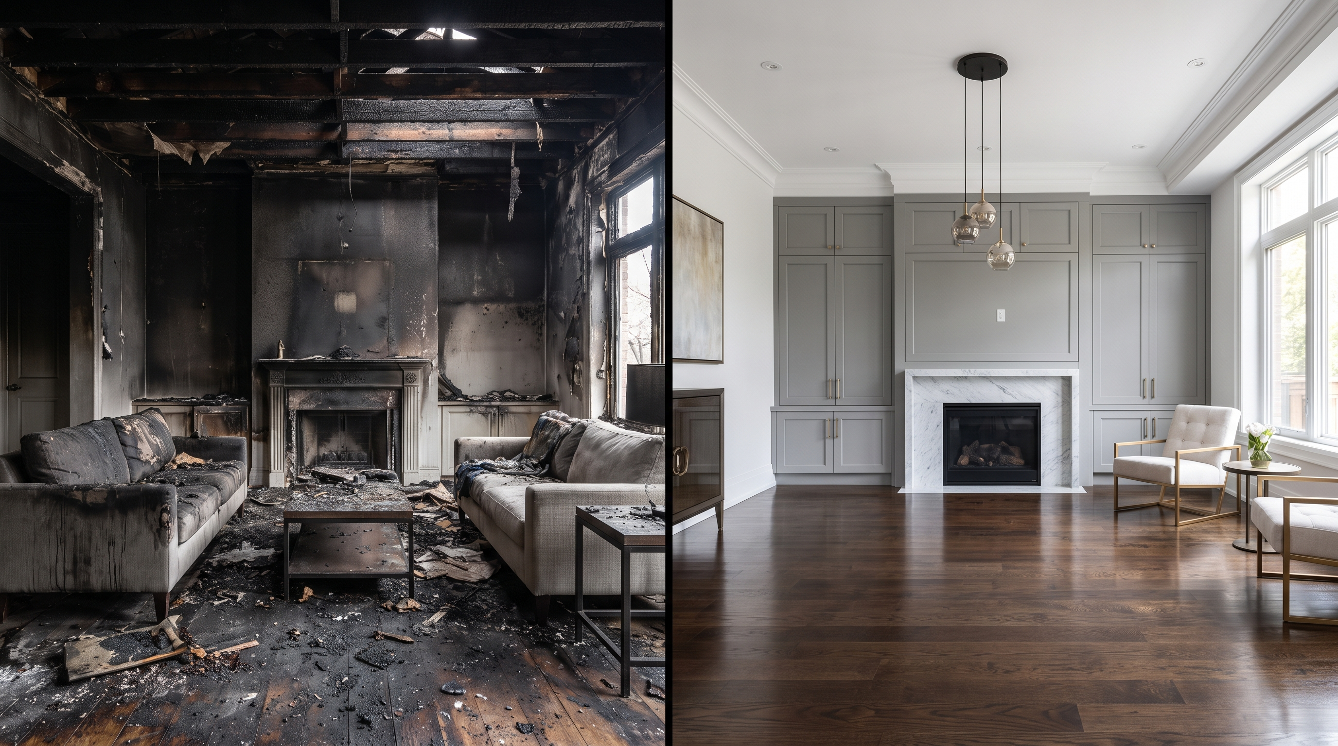 Before and after fire restoration — charred damage to luxury rebuilt home NWI