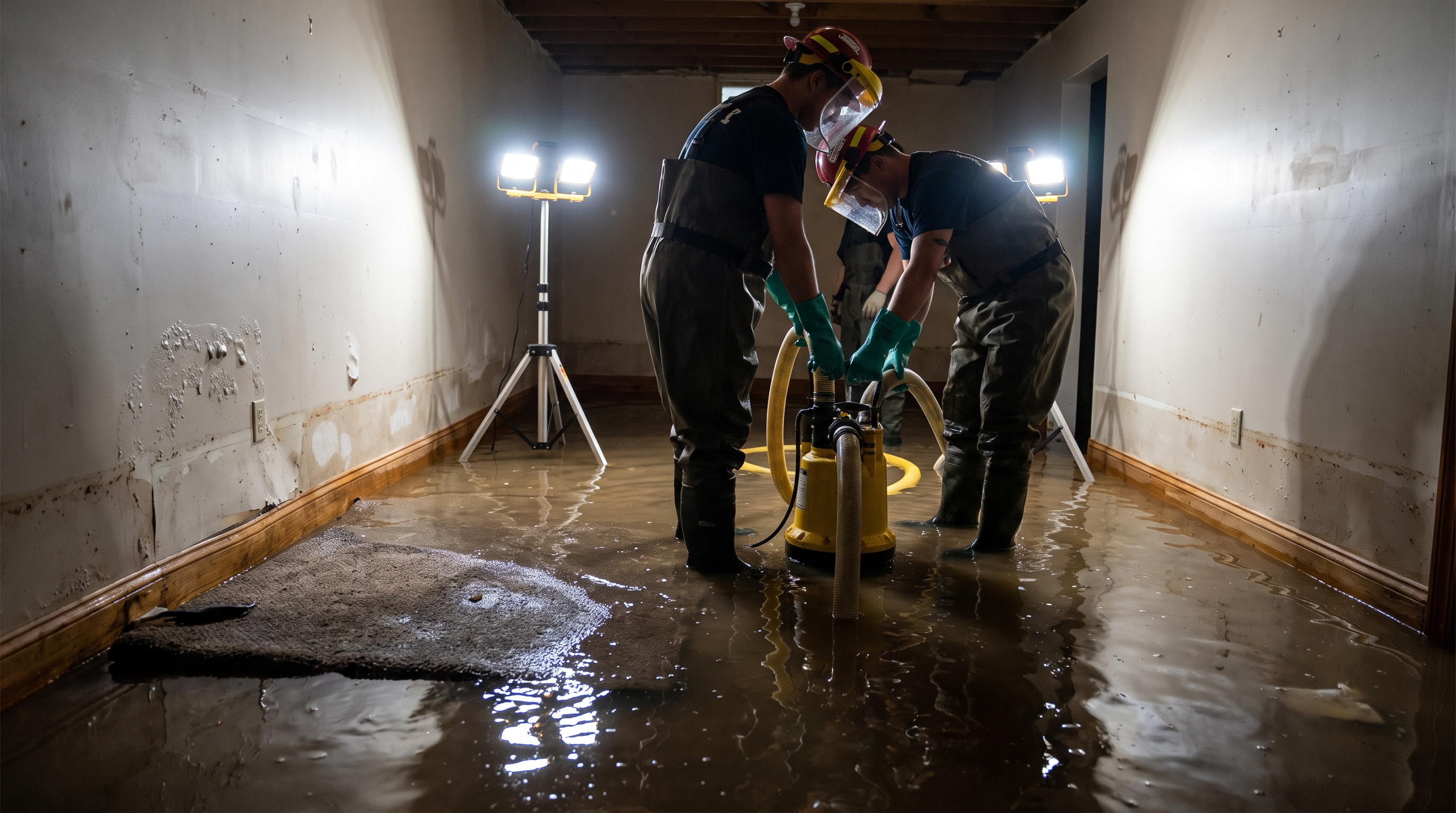 Flooded basement with standing water and restoration crew Northwest Indiana