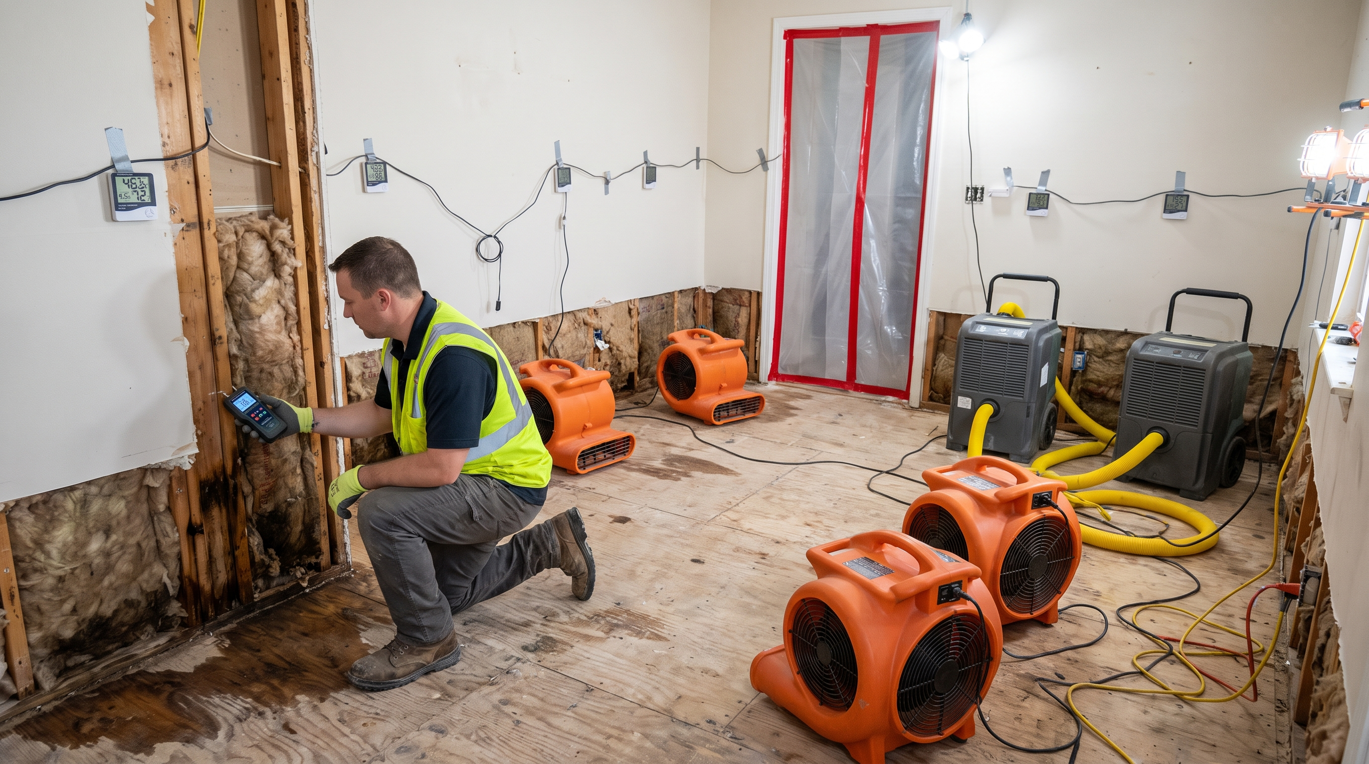 Industrial air movers and dehumidifiers drying water damaged home Northwest Indiana