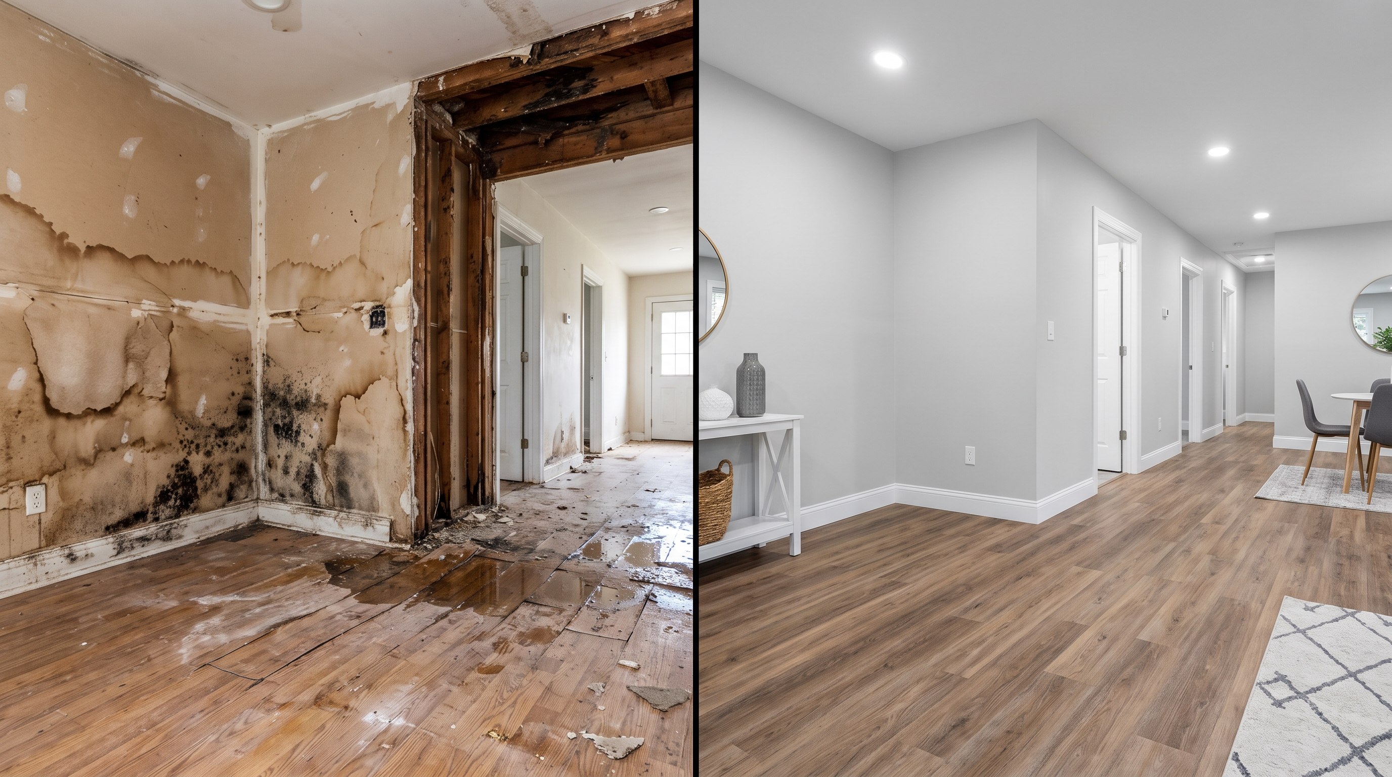 Before and after water damage restoration split view NWI