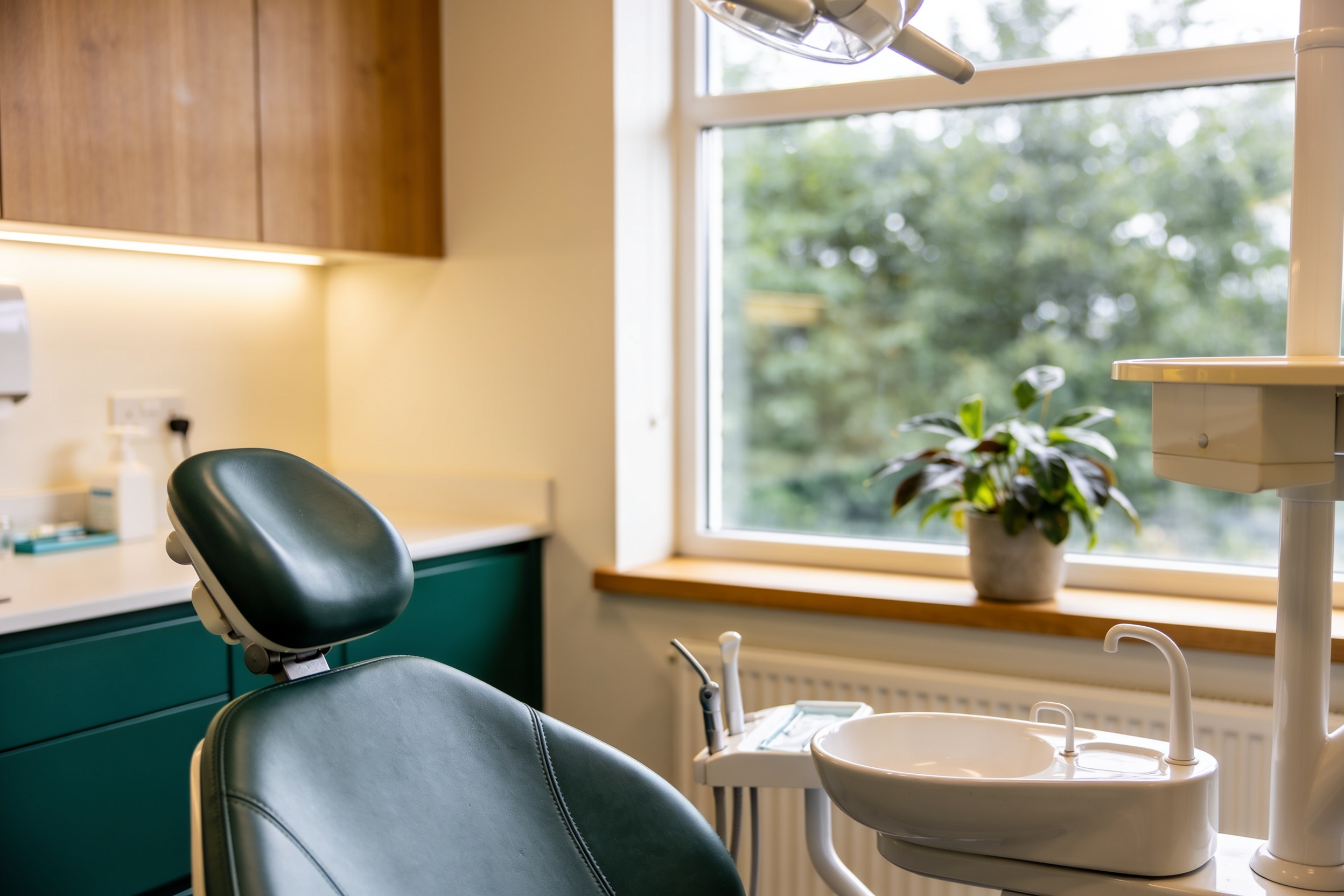 A quiet, tidy dental surgery in afternoon light