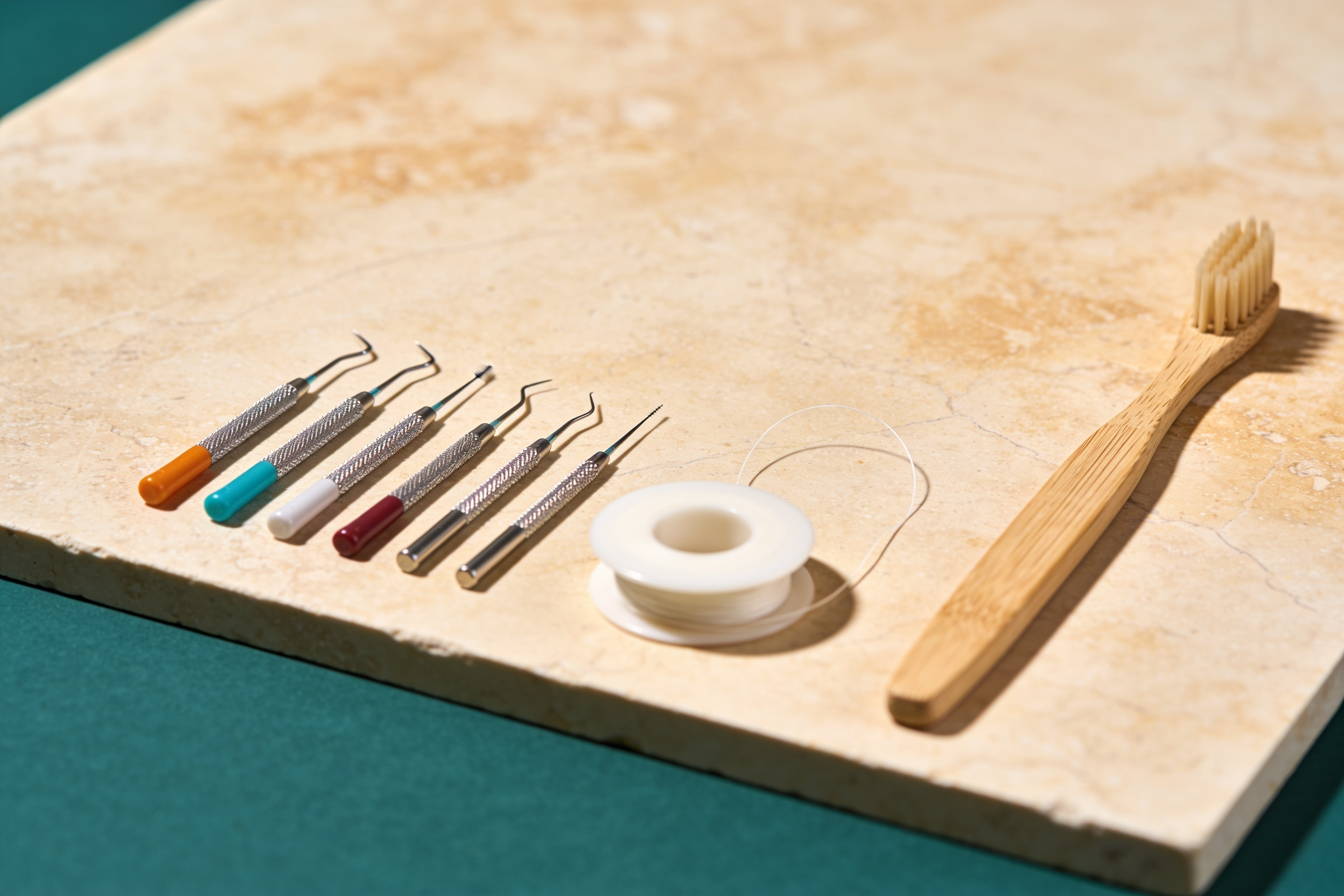 Interdental brushes, floss and a toothbrush laid out on a stone surface