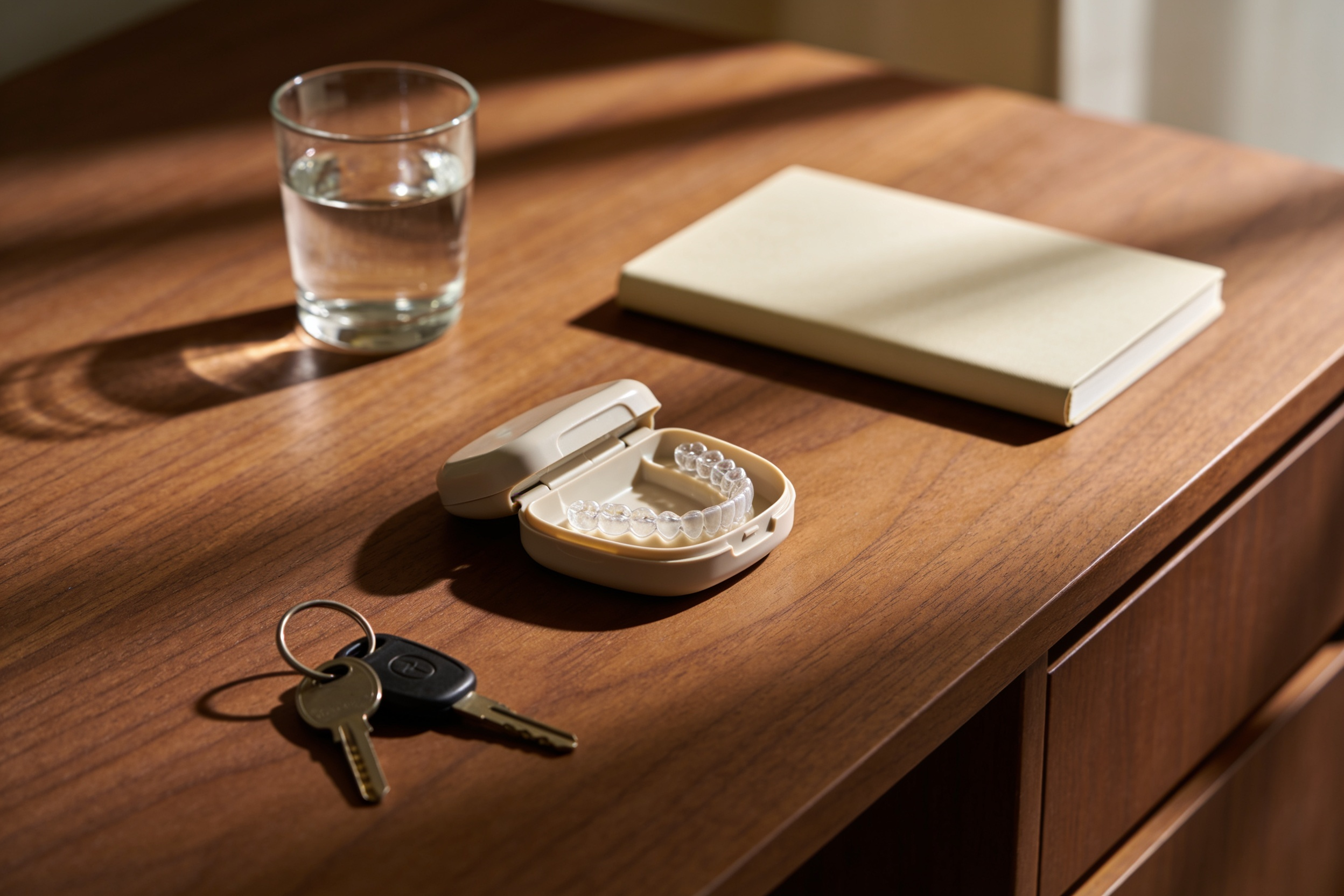 An aligner case, water glass and keys on a desk