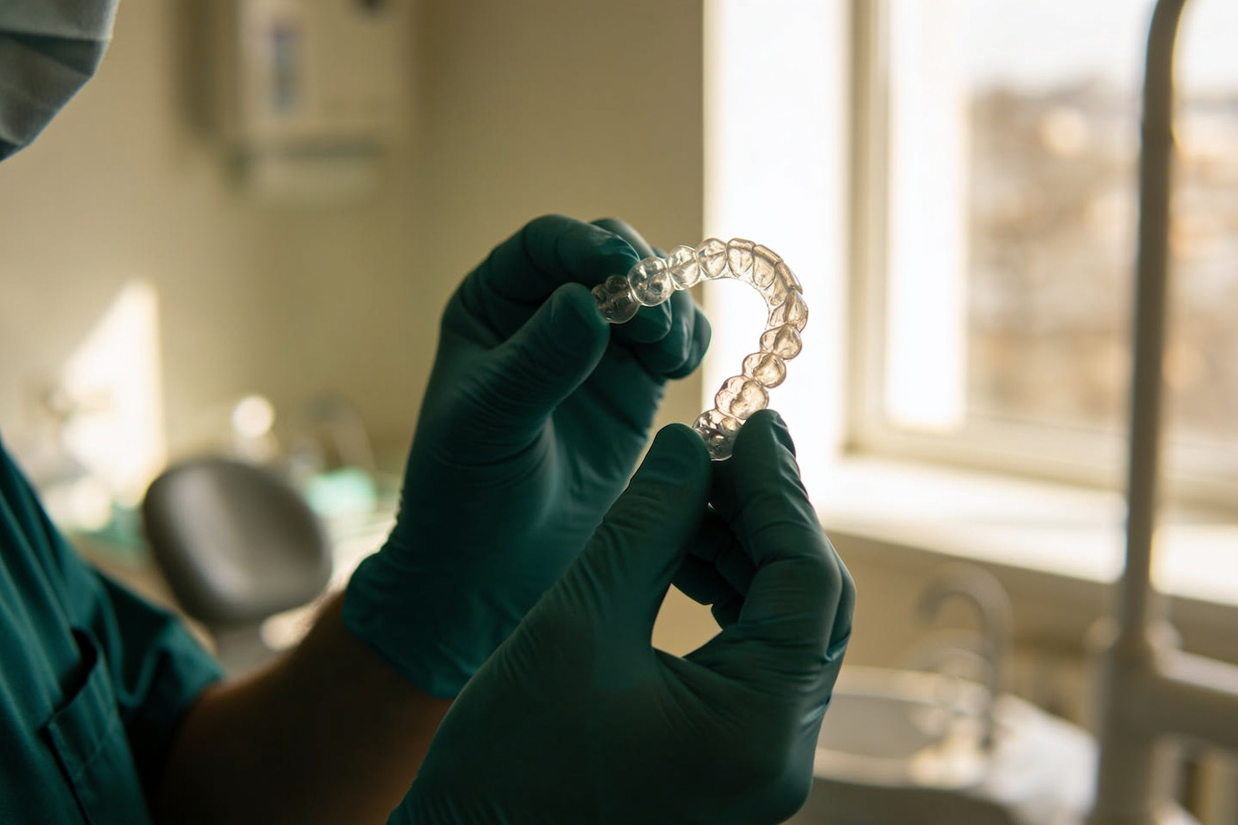 A clinician holding a clear aligner up to the light