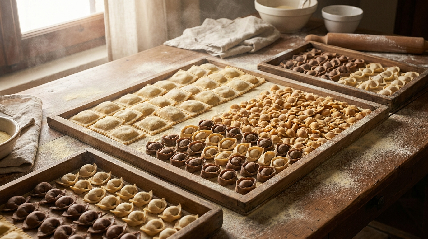 Trays of fresh ravioli, raviolini and agnolotti on a flour-dusted wooden worktable