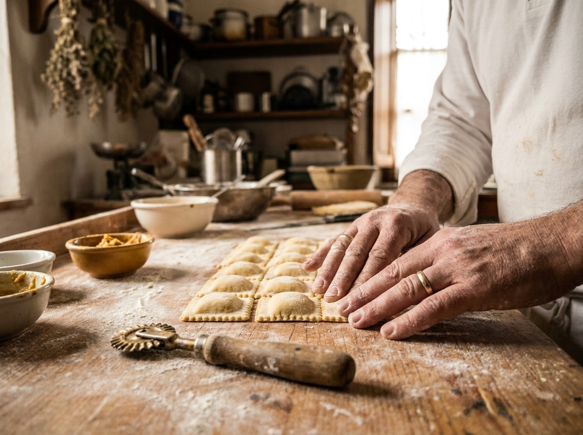 Flour-covered hands crimping the edges of fresh ravioli on a wooden bench