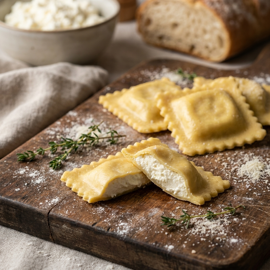 Quattro Formaggi ravioli, one cut open to show the creamy cheese filling