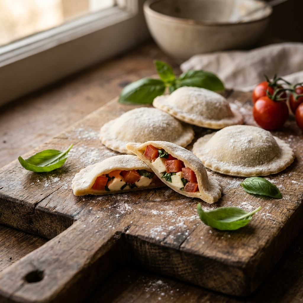 Fresh caprese ravioli with tomato, mozzarella and basil filling