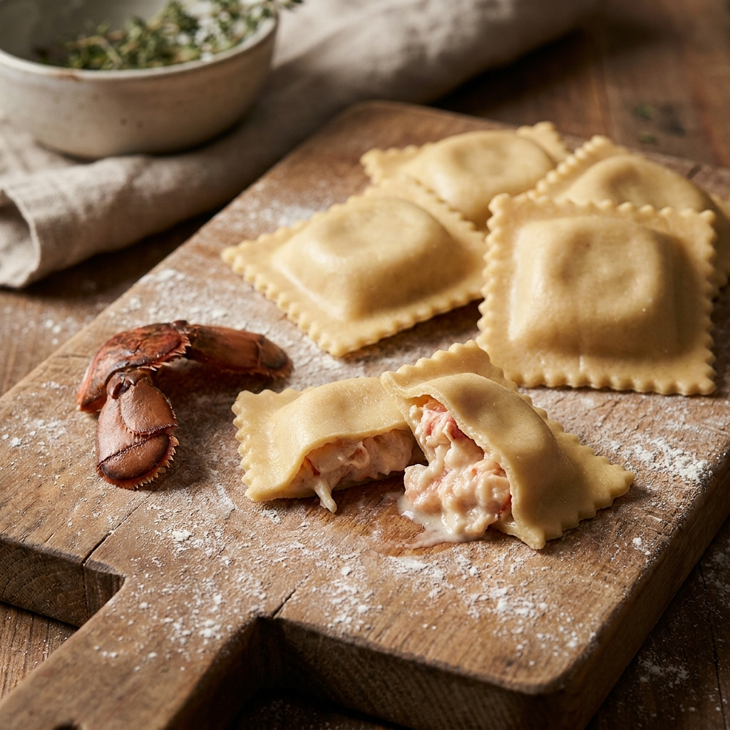 Aragosta e Scampi ravioli, one cut open to show the lobster and shrimp filling