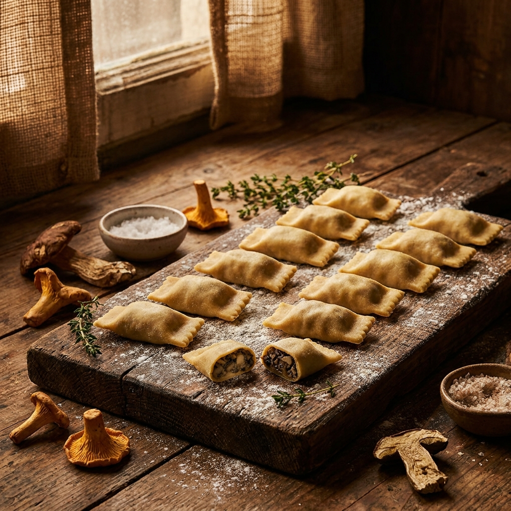 Tre Funghetti agnolotti with dried mushrooms alongside