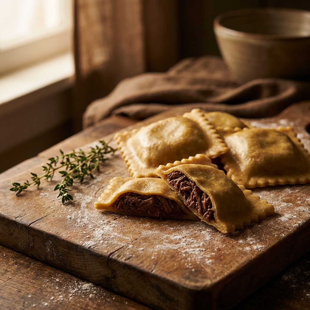 Brasato ravioli, one cut open to show the braised beef filling